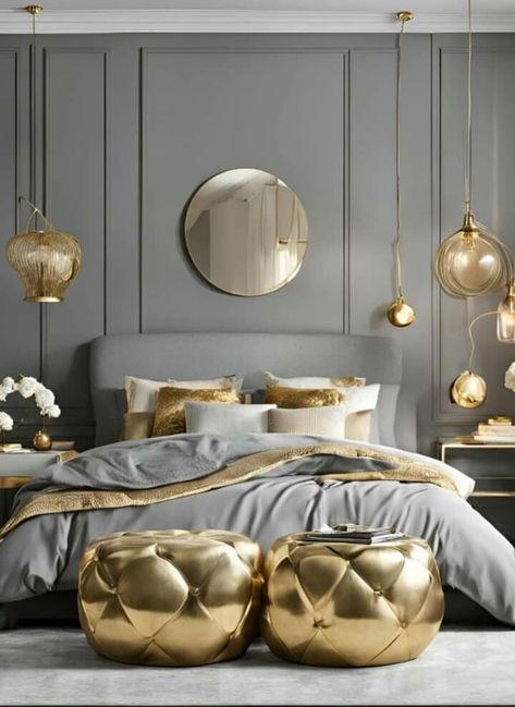 Bedroom Ideas Gold, Classic Bedroom Ideas, Sophisticated Bedroom Decor, Golden Bedroom, Gold Bedroom Ideas, Grey And Gold Bedroom, Blue And Gold Bedroom, Luxury Bedroom Interior, Rose Gold Bedroom