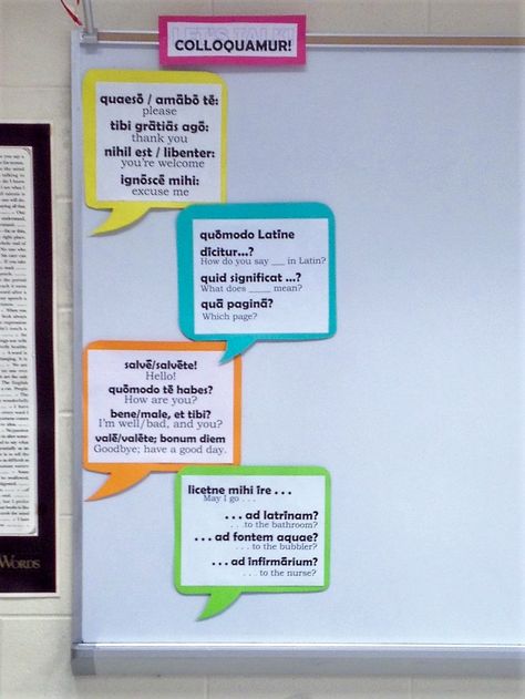 Basic Latin classroom conversation anchor charts -- super easy using 12x12 scrapbook paper!   (phrases are from Ginny Lindzey's "colloquamur" set at promotelatin.org ) Classroom Conversation, Latin Language Learning, Latin Classroom, Latin Grammar, Teaching Latin, Classical Homeschool, Teaching Secondary, Latin Language, Student Problems