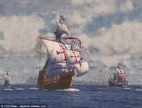 A rendering of the 1715 fleet of Spanish sailing ships that wound up at the bottom of the ocean after a hurricane Sunken Ships, Spanish Treasure, Fleet Of Ships, Ship Wrecks, Spanish Galleon, Spanish Armada, Lost Treasure, Navi A Vela, Spanish Heritage