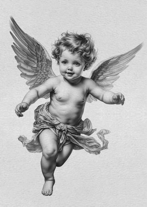 Cherub Tattoo Designs, 천사와 악마, Baby Angel Tattoo, Cherub Art, Cherub Tattoo, Statue Tattoo, Muster Tattoos, Angel Tattoo Designs, Angel Drawing