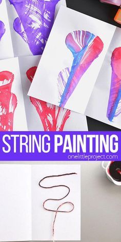 Paint With Yarn, Yarn Painting For Kids, Art For Special Needs Kids, String Painting For Kids, Primary Art Ideas, Yarn Painting Art Ideas, String Painting Pulled Diy, Yarn Painting Art, String Painting