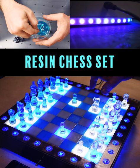 resin chess set, how to resin, resin project, resin chess pieces, unique chessboard, light up resin, resin art, resin projects, epoxy resin crafts, epoxy resin art, resin ideas, resin, resin diy, diy resin crafts, small resin, resin charms, river tables, resin crafts, resin tutorial, how to make resin, how to use resin, resin and wood, resin art diy, resin crafts diy, resin art tutorial, resin and wood jewelry Diy Resin And Wood Chess Board, Resin Chess Board Tutorial, Wood And Resin Chess Board, Resin Chess Board Diy, Chess Resin Idea, Epoxy Resin Chess Set, Resin Board Games, Epoxy Chess Set, Diy Resin Chess Set