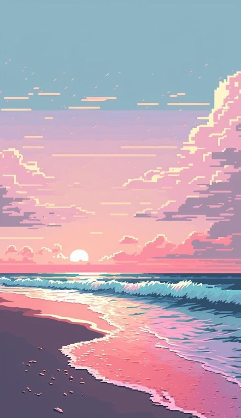 Pixel Art Simple, Beach Mobile, Roman Calendar, Pixel Art Landscape, Mobile Phone Wallpaper, Pastel Design, Pixel Art Background, 8bit Art, Anime Backgrounds