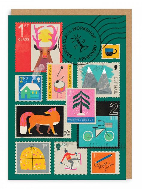 Natasha Durley, Colorful Art Prints, Colourful Art, Stamp Printing, Post Stamp, Christmas Stamps, Card Illustration, Christmas Illustration, Fancy Pants