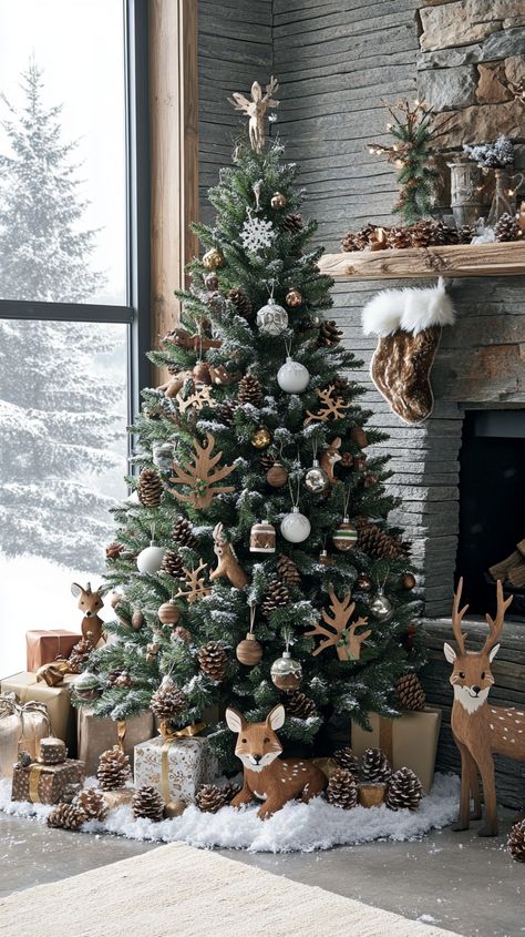 18 Rustic Christmas Decor Ideas for Your Woodsy Farmhouse Fox Christmas Tree, Farmhouse Rustic Christmas Tree, Woodland Xmas Tree, Woodland Creatures Christmas Tree, Woodlands Christmas Tree, Rustic Christmas Trees Ideas, Nature Christmas Tree Decorations, Neutral Flocked Christmas Tree, Rustic Tree Decorating Ideas