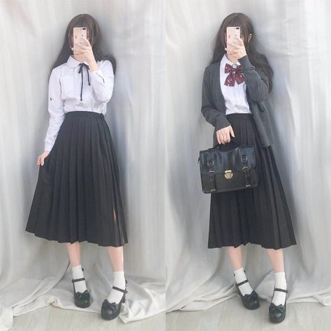 Uniform With Long Skirt, School Long Skirt Outfits, Long Uniform Skirt, Japanese School Outfits Long Skirt, School Uniforms Long Skirt, Long Skirt Uniform Schools, Long Skirt Cardigan Outfit, Pleated Skirt Reference, Long Skirt And Cardigan Outfit