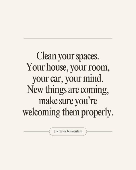 Manifest your dreams with positive affirmations! Embrace the power within you and watch the universe work its magic. 💫Clean your spaces. 🧹✨ Your house, your room, your car, your mind. New things are coming; make sure you’re welcoming them properly. 🌱 Open up room for positive energy and growth by decluttering your life, both inside and out. The more you tidy up, the more space you create for new opportunities and blessings. 🌟 Serving up daily motivation 💪 ✨ @creator.businesstalk ✨ @creator.... Clean Your Space Quotes, Cleaning Affirmations, Car Affirmations, New Things Are Coming, Space Quotes, Manifest Your Dreams, Tidy Up, New Things, Making Room