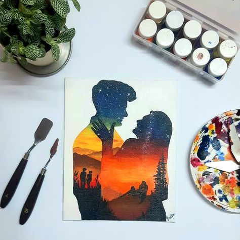 Couples Easy Painting Ideas On Canvas, Couple Painting In Canvas, Cute Couple Acrylic Painting, Double Exposure Painting, Anniversary Painting Ideas For Him, Double Exposure Couple, Indian Couple Painting, Canvas Painting Ideas For Couples, Romantic Canvas Painting