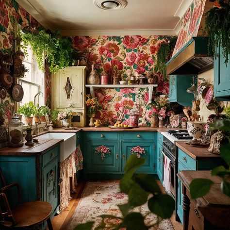 Wow, this kitchen is like stepping into a floral fairytale, right? It’s got such a cozy, lived-in feel that makes me think of mornings with a cup of tea and some fresh pastries. The bold floral wallpaper against those turquoise cabinets is such a statement — like, if you’re going to do color, why not go all out? And can we talk about that farmhouse sink? It adds just the right amount of vintage charm to balance out the vibrancy of the flowers. There’s something so comforting about having fr... Maximalist Cottage Kitchen, Bold Floral Wallpaper, Turquoise Cabinets, Fresh Pastries, Cottagecore Kitchen, Can We Talk, A Cup Of Tea, Kitchen Inspo, Farmhouse Sink