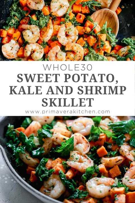 Whole 30 Kale Recipes, Sweet Potato Whole 30 Recipes, Sweet Potato And Shrimp Recipes, Kale Shrimp Recipes, Sweet Potatoes And Shrimp, Shrimp Whole 30 Recipes, Whole 30 Pescatarian Recipes, Shrimp Kale Recipes, Shrimp And Kale Recipes