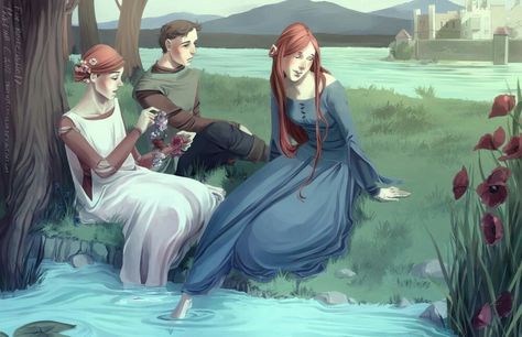 Here is Young Petyr Baelish (Littlefinger) with the Tully sisters, Catelyn and Lysa. Catelyn would go on to marry Eddard Stark and become Catelyn Stark, but Petry maintains that Catelyn, his childhood friend, was the only woman he ever loved. Eddard Stark, Catelyn Stark, Petyr Baelish, Game Of Thrones Books, Fire Book, Asoiaf Art, Hbo Game Of Thrones, Jaime Lannister, Gra O Tron