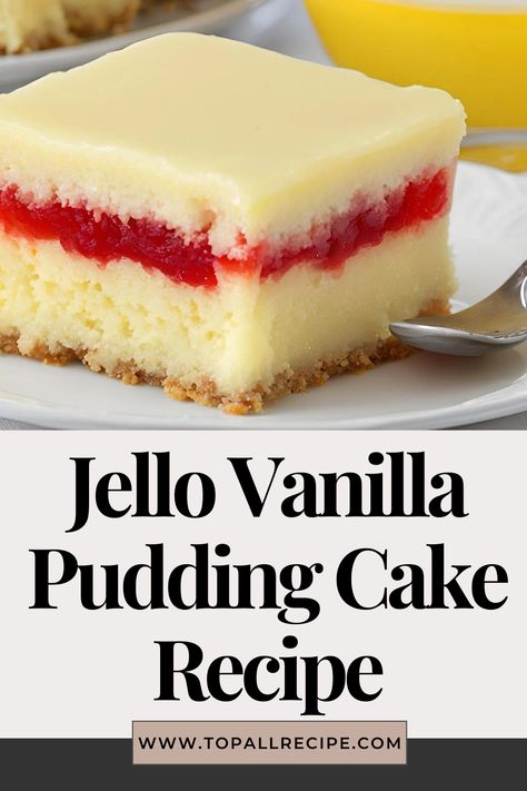 This Jello Vanilla Pudding Cake is a light, fluffy dessert that’s easy to make. Combining vanilla pudding mix with cake batter, it bakes into a moist, flavorful treat. Topped with whipped cream and fresh fruit, it’s perfect for parties or a simple weeknight dessert. Enjoy a slice of sweetness! Recipes With Vanilla Pudding Mix In Them, Vanilla Pudding Cake Recipe, Jello Cake Recipe, Vanilla Pudding Cake, Jello Pudding Desserts, Jello Cake Recipes, Pudding Cake Recipe, Sugar Free Vanilla Pudding, Pudding Cakes