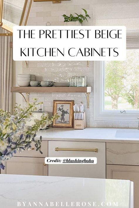 If you’re looking for beige kitchen cabinet color ideas, then you’ve come to the right place. This post is all about the most gorgeous beige paint colors for your kitchen that you’ll love. Kitchen Cabinets Creamy White, Mushroom Cabinets White Counters, Beige Kitchen Cabinets With Gold Handles, Beige Cabinets White Backsplash, Backsplash Kitchen Greige Cabinets, Backsplash For Greige Cabinets, Kitchen Ideas Tan Cabinets, Small Kitchen Beige Cabinets, Kitchen Cabinet Paint Colors With Tan Granite