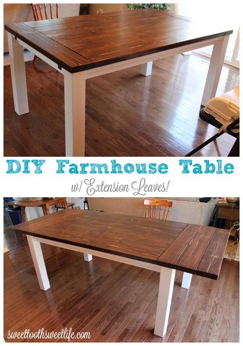 DIY Farmhouse Table with Extension Leaves Diy Farmhouse Table Plans, Table With Extension, Farm House Table, Farmhouse Table Plans, Diy Dining Room Table, Diy Table Top, Diy Dining Room, Farmhouse Kitchen Tables, Diy Farmhouse Table