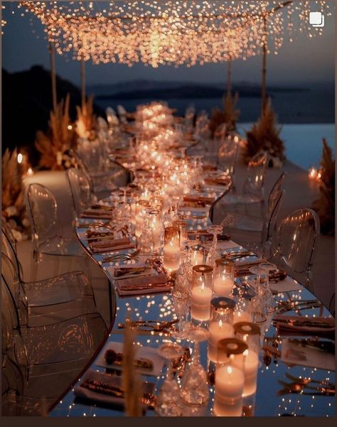 Fairy Light Beach Wedding, Wedding Venues Fairy Lights, Beach Debut Theme, Candle Light Beach Wedding, Beach Wedding Fairy Lights, Beach Wedding At Sunset, Beach Wedding Lighting, Beach Wedding At Night, Nighttime Beach Wedding