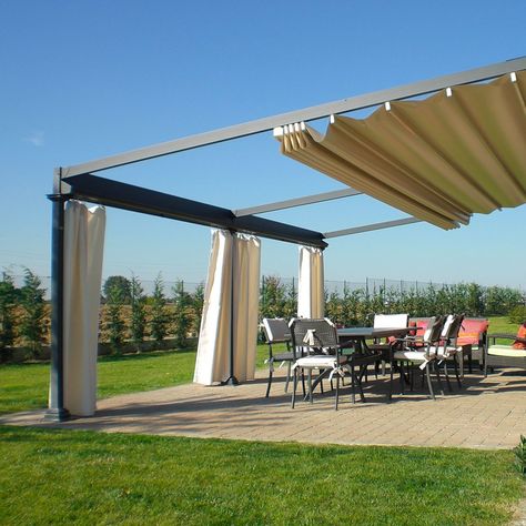 Wall-mounted pergola Elettra Unosider: the elegance of forged iron, the comfort of electric opening Electric Pergola, Cabin Exterior Design, Potting Area, Patio Gates, Pergola Backyard, Hot Tub Pergola, Patio Extension, Iron Pergola, Wisteria Pergola