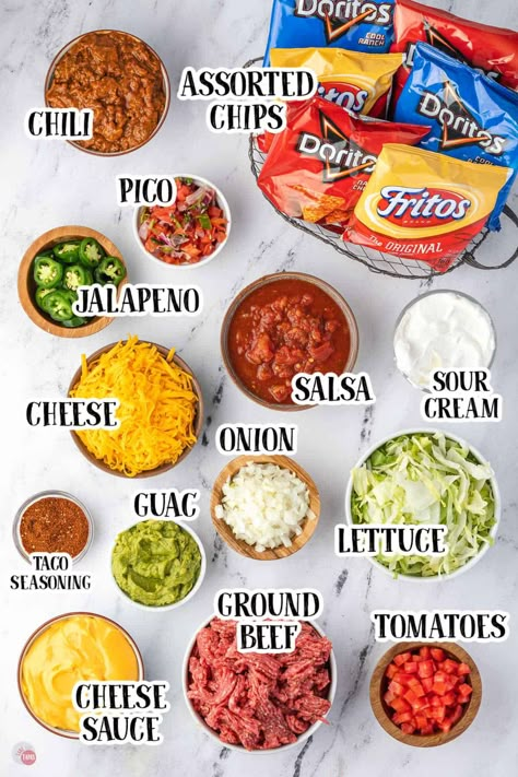 Taco Theme Food Ideas, Nacho Cheese Bar Ideas, Walking Tacos For Graduation Party, Walking Tacos Bar Wedding, First Birthday Taco Bar, Camping Taco Bar, Walking Tacos Party Ideas, Walking Taco Graduation Party Ideas, Walking Tacos For A Crowd Parties Food