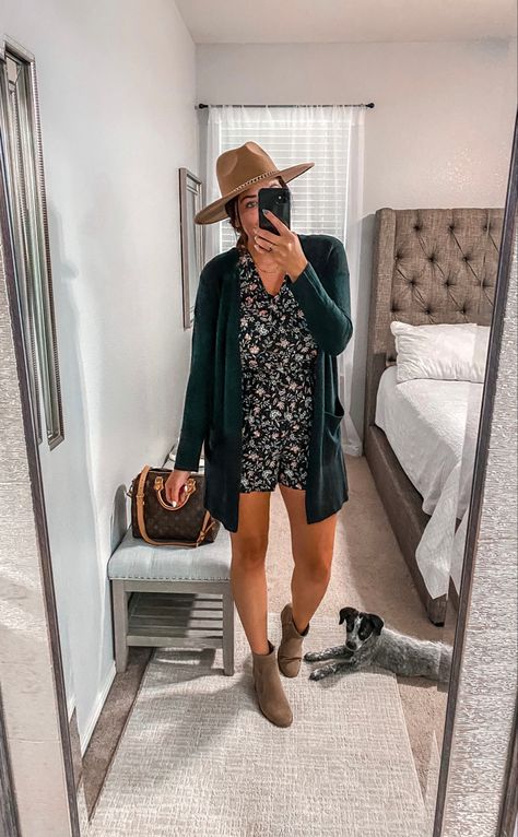 Easy transition into fall. Styled this romper with some booties, a hat and a cardigan. Cami Romper, Fall Transition, Clothing Ideas, Fall Outfit, Fall Outfits, Outfit Ideas, Rompers, Clothes, Autumn Outfits