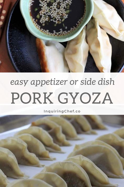 Flavorful pork gyoza dumplings are bite-sized, super savory, and stuffed with a juicy and aromatic pork and chive filling. These tender, freezer-friendly snacks are perfect for entertaining, or can be enjoyed as part of an easy weeknight meal. #dumplings #porkgyoza #Japaneserecipe #easyrecipe #appetizer #sidedish Pork Gyoza Recipe, Pork Gyoza, Gyoza Recipe, Gyoza Dumplings, Side Dishes For Fish, Bite Size Appetizers, Meat Appetizers, Side Dish Recipes Easy, Vegetarian Appetizers