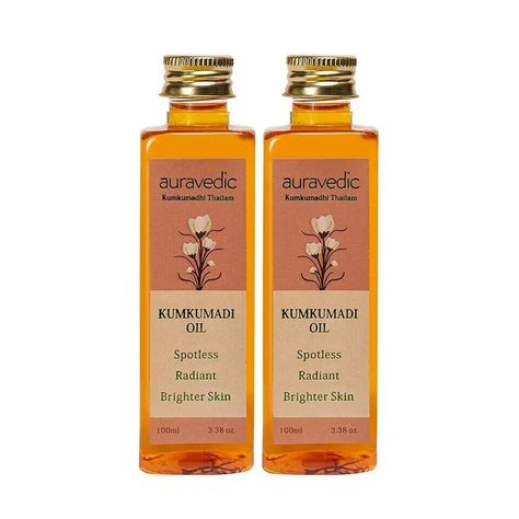 Pack of 2 Auravedic Kumkumadi Oil 100 ml Each For Healthy Skin & Visible Glow Product description "This Bestselling Oil is a unique blend of herbs and oils that brightens your skin naturally. The rare and exotic Kumkuma flower helps to retexture the skin ,giving the skin an even skin tone. Enjoy spotless, blemish free skin. Can be used daily morning and night for a beautiful natural glow. Light and quick to absorb, this face and skin oil will help lighten dark spots and discolored skin. Natural protection against free radical damage caused by UV rays and pollution. Use daily twice a day on face and affected parts of the skin for best results. YOUR AURAVEDIC SKIN CARE TIP- Be gentle while applying skin care products on face avoiding pulling and stretching." BRIGHTENS SKIN: Makes skin radian Kumkumadi Oil, Glow Light, Skin Oil, Lighten Dark Spots, For Healthy Skin, Improve Skin Tone, Skin Discoloration, Be Gentle, Oils For Skin