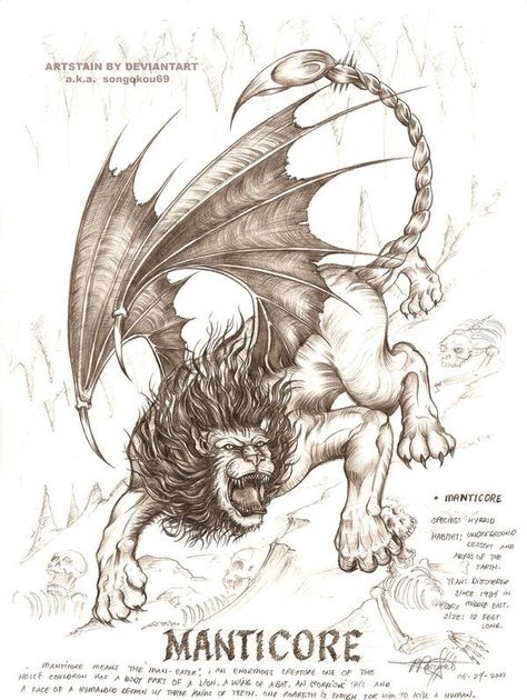 Manticore Drawings, Manticore Mythology, Mythology Tattoos Mythical Creatures, Manticore Tattoo, Mythological Creatures Art, Griffin Mythology, Lion Mythology, Manticore Art, Mythological Beasts