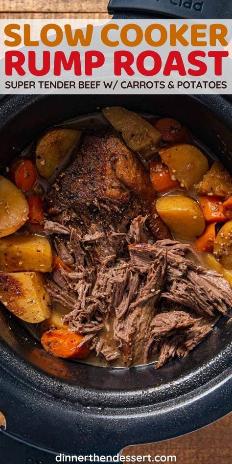 Slow Cooker Rump Roast makes wonderfully tender meat in a rich gravy with veggies (also includes instant pot and oven recipes.) #dinner #slowcooker #crockpot #beef #rumproast #carrots #potatoes #dinnerthendessert Slow Cooker Rump Roast, Rump Roast Crock Pot Recipes, Cooking A Rump Roast, Roast In Crock Pot, Crockpot Rump Roast, Roast Beef Crock Pot Recipes, Beef Rump Roast, Crockpot Meat, Rump Roast