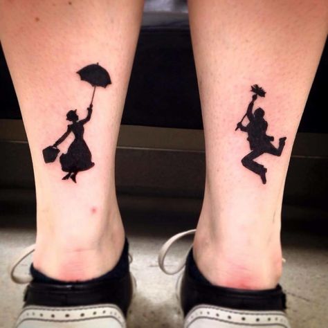 Back Of Ankle Tattoo, Umbrella Silhouette, Mary Poppins And Bert, Maching Tattoos, Wreath Tattoo, Tattoo Ankle, Framed Tattoo, Ankle Tattoos, Western Tattoos