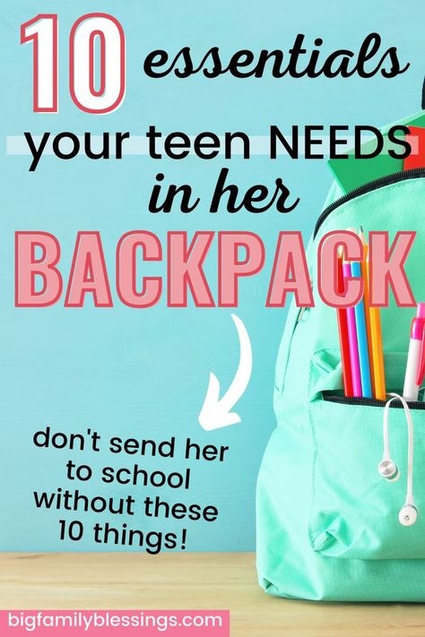 Backpack with ten items that a teen girl should never be without. Middle School Backpack, Travel Backpack Essentials, School Backpack Essentials, School Bag Essentials, Essential Pouch, Backpack Essentials, Back To School Bags, Back To School Backpacks, Bag Essentials