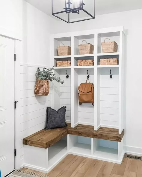 38 Farmhouse Shiplap Walls to Spruce Up Any Space Entryway Storage Ideas, Farmhouse Accent Wall, Entryway Bench With Shoe Storage, Entryway Bench With Storage, White Shelving Unit, Small Mudroom Ideas, Small Mudroom, Mudroom Remodel, Warm Wood Flooring