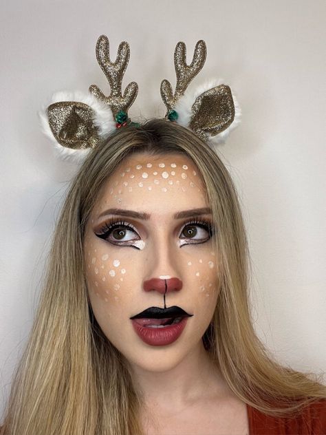 Ruldoph The Red Nose Reindeer Makeup, Rudolf Face Paint, Rudolf The Red Nosed Reindeer Costume, Rudolph The Red Nosed Reindeer Costume, Rudolph The Red Nosed Reindeer Makeup, Reindeer Makeup Kids, Reindeer Outfit Women, Rudolf Makeup, Rudolph Face Paint