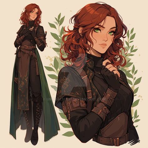 Female Druid Outfit, Ranger Outfit Female, Season Character Design, Wizard Outfit Female, Dnd Cleric Female Characters, Dnd Druid Character Design, Female Wizard Character Design, Druid Clothes, Red Hair Female Character Art