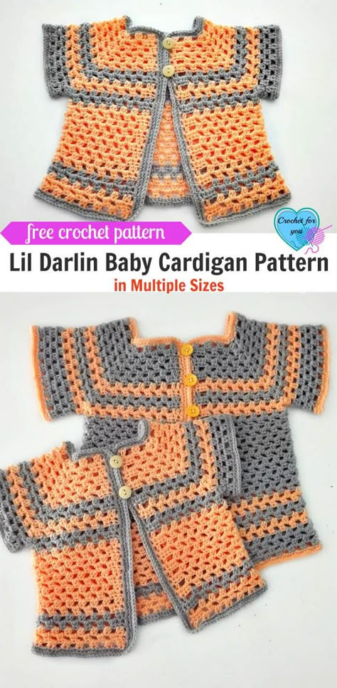 Crochet Lil Darlin Baby Cardigan pattern in Multiple Sizes, for 12 months, 18 months and 24 months old babies. This pattern is perfect for beginners. You just want to change the color to get a girly look or boyish look. I designed Crochet Lil Darlin Baby Cardigan with short sleeves but can be added long sleeves if you like. Jaket Crochet, Crochet Baby Sweaters, Baby Cardigan Pattern, Gilet Crochet, Crochet Baby Cardigan, Haken Baby, Crochet Girls, Crochet Baby Clothes