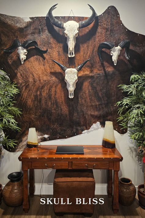 Add an edgy yet elegant touch to any wall with authentic hand-carved animal skulls. Skull Home Decor, Cow Skulls, Skull Designs, Longhorn Skull, Buffalo Skull, Ram Skull, Animal Skull, Mirror Mosaic, Skull Decor