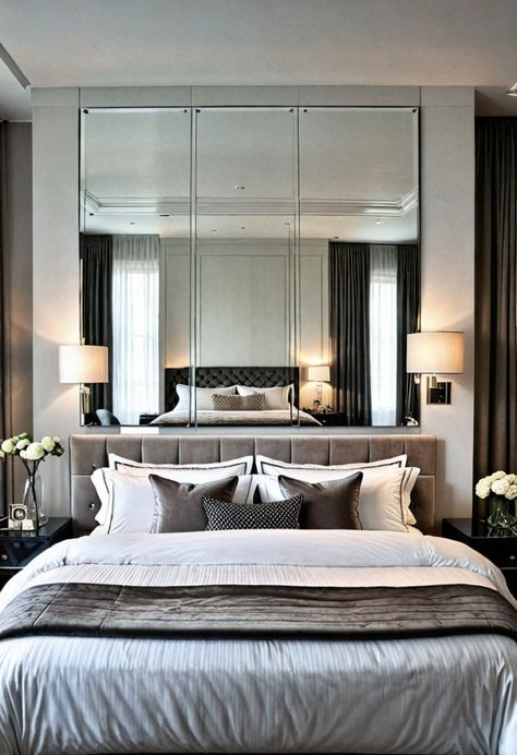 14 Mirror Over Headboard Ideas: Elevate Your Bedroom Decor » HomeDecorFull Mirror Over Headboard, Bedside Mirror Ideas, Oversized Round Mirror, Full Wall Mirror, Hamptons Style Homes, Geometric Mirror, Headboard Ideas, Mirror Headboard, Mirror Panels