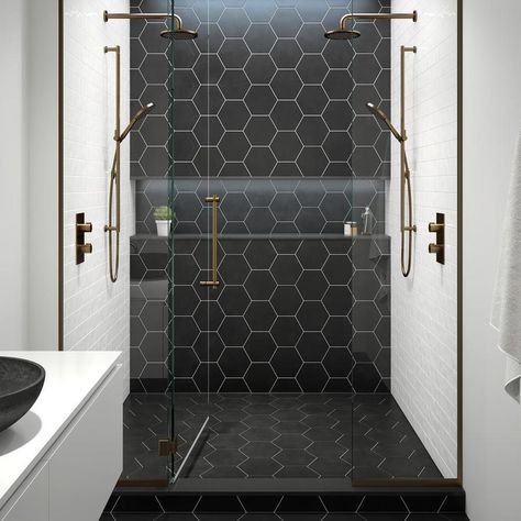 Bedrosians Anthologie 20-Pack Black 8-in x 9-in Porcelain Deco Floor and Wall Tile (Common: 8-in x 9-in; Actual: 9-in x 7.88-in) at Lowes.com Hexagon Tile Bathroom, Tile Bathrooms, Black Tile Bathrooms, Black And White Bathroom, Bathroom Black, Black Tile, Large Tile, Bathroom Remodel Shower, Upstairs Bathrooms