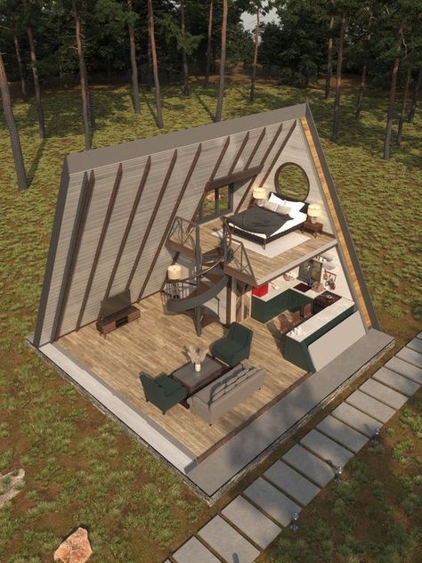 Chalet Modern, A-frame Interior, A Frame Cabin Plans, Small Modern House Plans, Triangle House, Tiny House Exterior, A Frame House Plans, Rest House, Minimal House Design