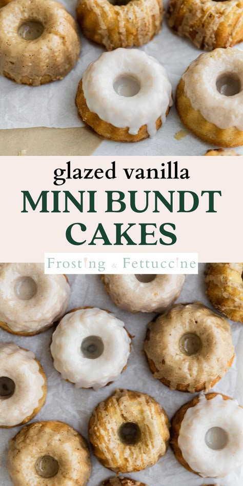 These glazed mini cakes are so cute and fun to make! They are vanilla flavored and made in a mini bundt pan and can be glazed with any flavor. This vanilla mini bundt cake recipe is an easy dessert for bridal showers or parties! Mini Vanilla Bundt Cakes, Mini Cake Recipes Easy, Dash Mini Bundt Cake Recipes, Mini Bundt Cake Recipes Easy, Mini Bunt Cake Recipes, Mini Bundt Cakes From Cake Mix Boxes, Mini Bundt Cakes Packaging, Mini Desserts For A Crowd, Toffee Bundt Cake