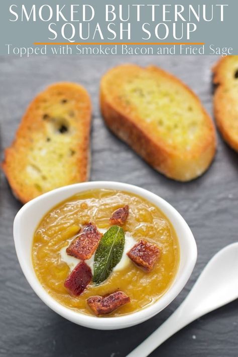 Smoked Butternut Squash Soup topped with smoked bacon and fried sage. This is a great smoked soup for the fall and winter. #butternutsquash #smokedsoup #smokedbacon #vindulge Smoked Soup, Smoked Butternut Squash, Soup Butternut Squash, Fried Sage, Vegan Bbq Recipes, Butternut Squash Cubes, Butternut Soup, Bacon Fries, Butternut Squash Recipes Soup