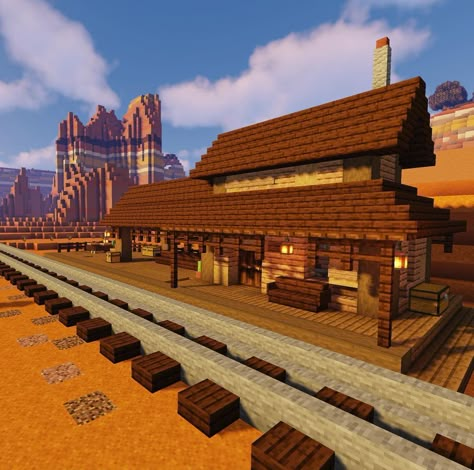 The Walking Whale on Instagram: “My new Wild West Train Station build! 🚂 • Check out the video tutorial by clicking the link in my bio! • #minecraft #wildwestminecraft…” Western Train Station, Small Train Station Minecraft, Desert Train Station, Minecraft Rail Station, Minecraft Railroad Station, Minecraft Wild West House, Saloon Minecraft, Wild West Train Station, Mesa Minecraft Builds