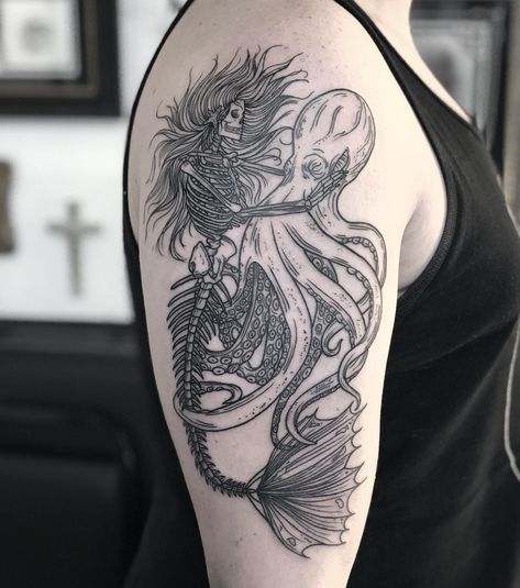 Skeleton Mermaid and Octopus Tattoo | Tattoo Ideas and Inspiration Mermaid And Octopus, Mermaid Octopus, Skeleton Mermaid, Skeleton Tattoo, Mermaid Skeleton, Octopus Tattoo Design, Octopus Tattoos, Tattoos Mandala, Skeleton Tattoos