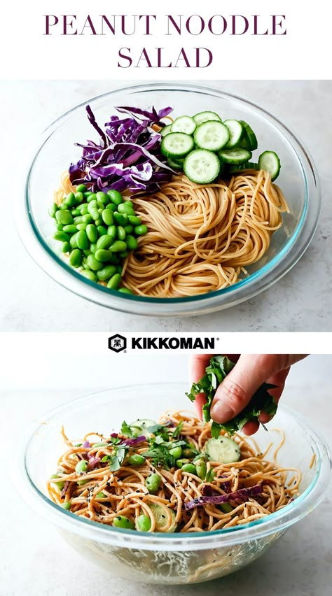 Cold Peanut Noodle Salad | We used whole wheat spaghetti in this simple noodle dish, but you could just as easily use rice noodles, soba noodles, udon, or even grains like farro or quinoa. Add in shredded cabbage, edamame, and cucumber, then toss it all together with a creamy dressing of peanut butter, Kikkoman® Less Sodium Soy Sauce, Sesame Oil, and lime juice. Great hot or cold, this is an excellent meal prep recipe for busy weeknights. Find more tasty bites at KikkomanUSA.com. #Kikkoman Noodles Udon, Cold Peanut Noodles, Peanut Noodle Salad, Salad With Peanut Dressing, Veggie Noodles Recipes, Veggie Noodle, Whole Wheat Spaghetti, Shredded Cabbage, Peanut Dressing