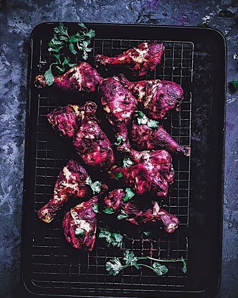 CRANBERRY BEET BBQ CHICKEN DRUMSTICKS :: new on mykitchenlittle.com, something kinda fun. This chicken puts good use to an inexpensive cut of meat by baking until crispy, juicy, and flavorful thanks to the delicious homemade BBQ sauce. It’s a fun weeknight dinner that feels a little special. #BBQ #cranberry #beets Baked Bbq Chicken Legs, Red Juice Recipe, Bbq Chicken Drumsticks, Bbq Chicken Legs, Barbecue Chicken Recipe, Harissa Chicken, Baked Chicken Drumsticks, Homemade Bbq Sauce, Peanut Butter Crunch