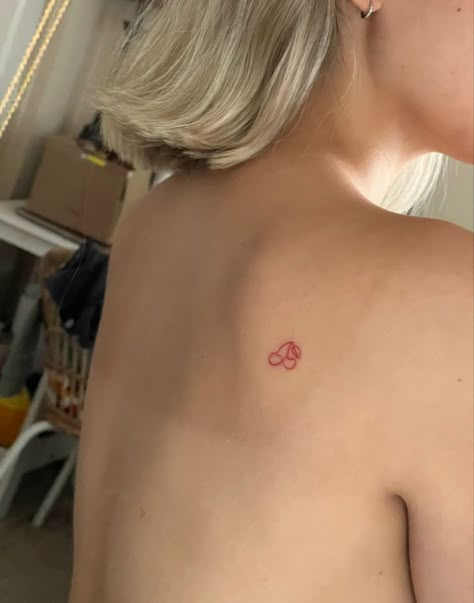 Triple Cherry Tattoo, Cherry Tattoo Wrist, Red Cherry Tattoo Outline, Cherry Red Tattoo, Mon Cherie Tattoo, Dainty Tattoos Aesthetic, Cherry Tattoo Aesthetic, Cherry Rib Tattoo, Red Cherries Tattoo