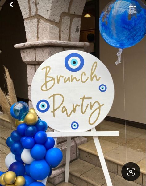 Evil Eye Decoration Wedding, Evil Eye Theme Party Decor, Evil Eye Birthday Decoration, Evil Eye Birthday Party, Evil Eye Party, Outdoor Events Decor, Greece Party, Happy Birthday 22, Felt Flower Tutorial