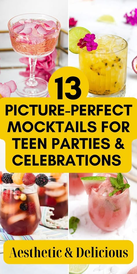 I've rounded up 13 of the most aesthetic delicious mocktails that are perfect to make for teen parties and celebrations. These are alcohol-free versions of cocktail classics for sober Gen Z teens who want to have sophisticated drinks but don't want to drink alcohol or are too young to drink alcohol. These are virgin versions of classic cocktails including mocktail maragarita, alcohol-free martini, virgin mojito, fruit cocktails, easy to make, fun to drink, teen party drinks, teen party planning Aesthetic Mocktails, Cocktail Classics, Virgin Cocktail Recipes, Drinks Without Alcohol, Best Mocktail, Easy Party Drinks, Mocktail Party, Margarita Martini, 13 Aesthetic