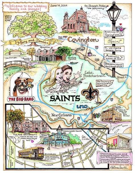 A custom piece of a New Orleans/ Covington Wedding. The Trolley with Bride and Groom, the N.O. condo, the family home in Covington, Lake Pontchartrain , the couples Dog, the Live Oak featured on the invite....more Custom Art Maps By Melissa Smith Map Mapping, Wedding Maps, River Map, Melissa Smith, Custom Map Art, Lake Pontchartrain, Dauphin Island, Travel Art Journal, Hand Drawn Map