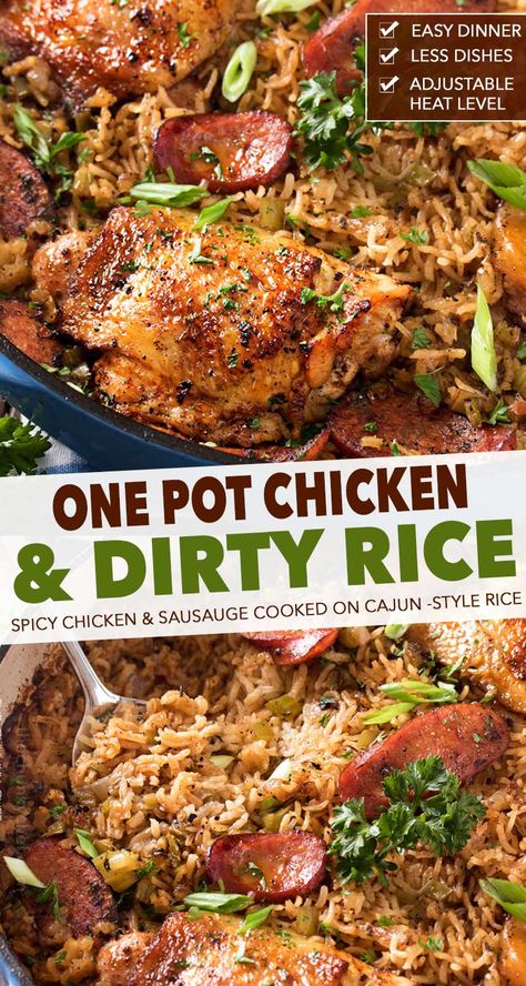 Homemade Dirty Rice, Chicken And Dirty Rice, Spicy Chicken Thighs, Calendar Workout, Dirty Rice Recipe, Pan Dishes, Chunky Chef, Dirty Rice, Pot Dinners