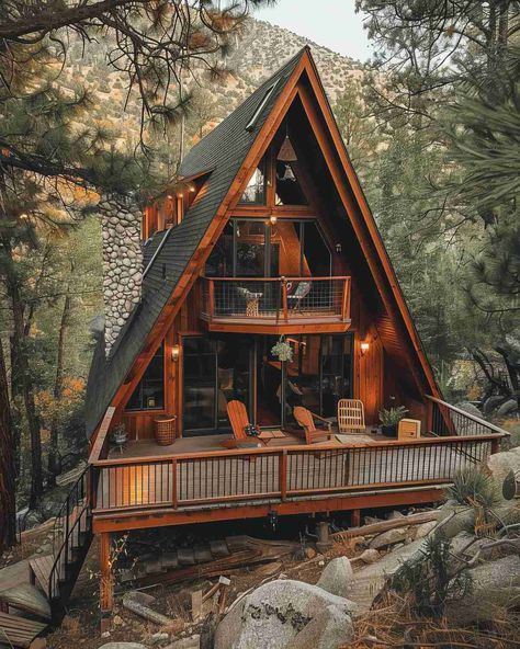 Rustic A Frame Cabin, Small A Frame Cabin, Balcony Wood, Barndo Ideas, A-frame Interior, Frame Cabins, Rugged Landscape, A Frame Cabin Plans, A Frames