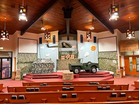 VBS decorations. In the Lord’s Army Vacation Bible School. Army themed decor. Gods Army Trunk Or Treat, Vbs Army Theme, Boot Camp Theme Classroom, Gods Army Vbs, Vacation Bible School Army Theme, Jesus Army, Military Child Bulletin Board, God's Army, Army Theme