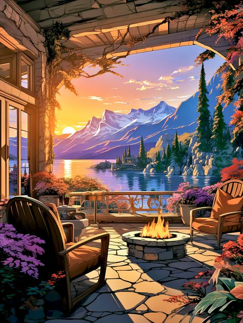 Lake Louise’s view from a confortable outside living room terrace with fireplace. Canada Landscape Outside Living Room, Lakeside Patio, Character Digital Art, Living Room Terrace, Canada Landscape, Image Nature, Pop Art Wallpaper, Outside Living, Thomas Kinkade